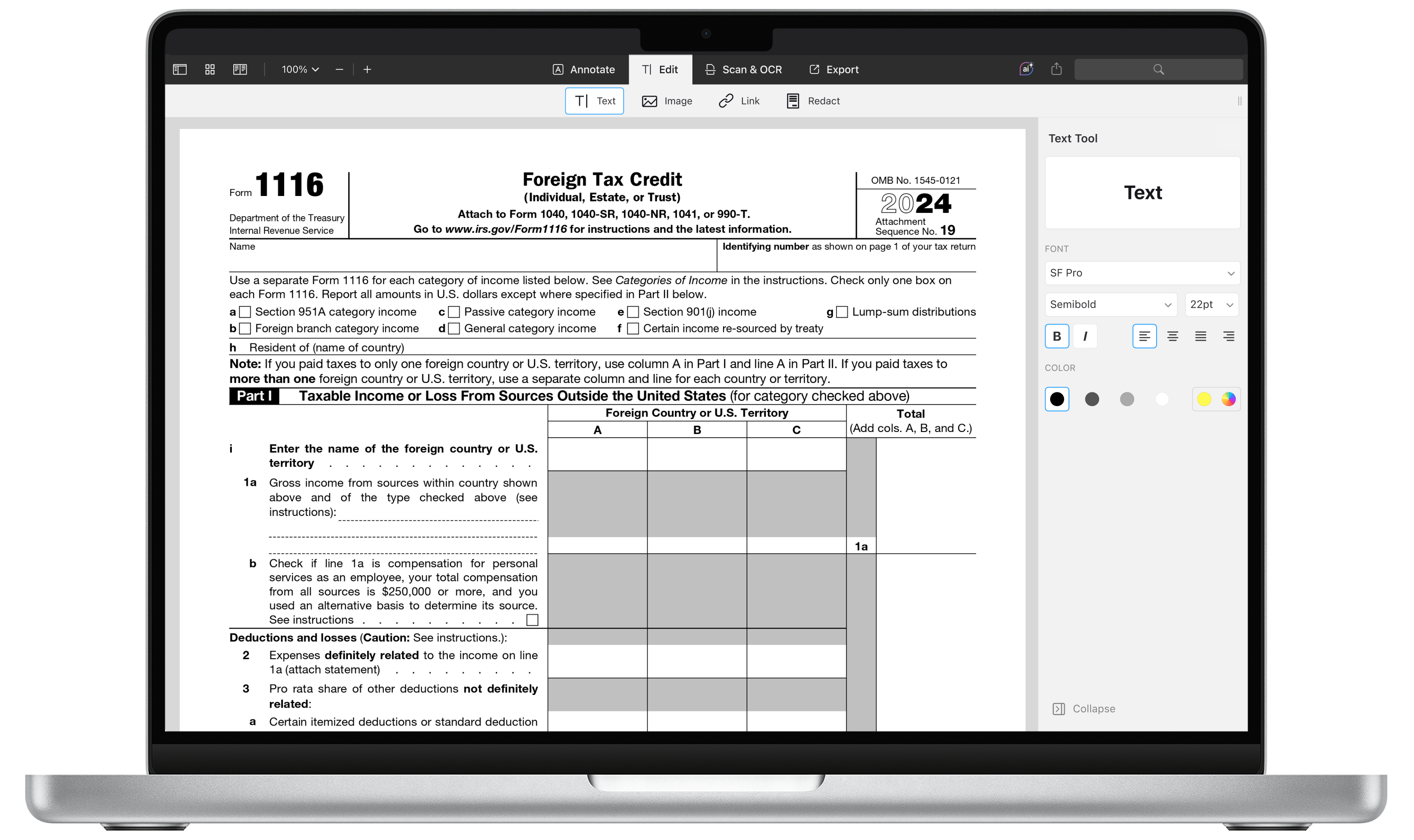 IRS 1116フォームPDF 2025-2026を記入する方法 | PDF Expert